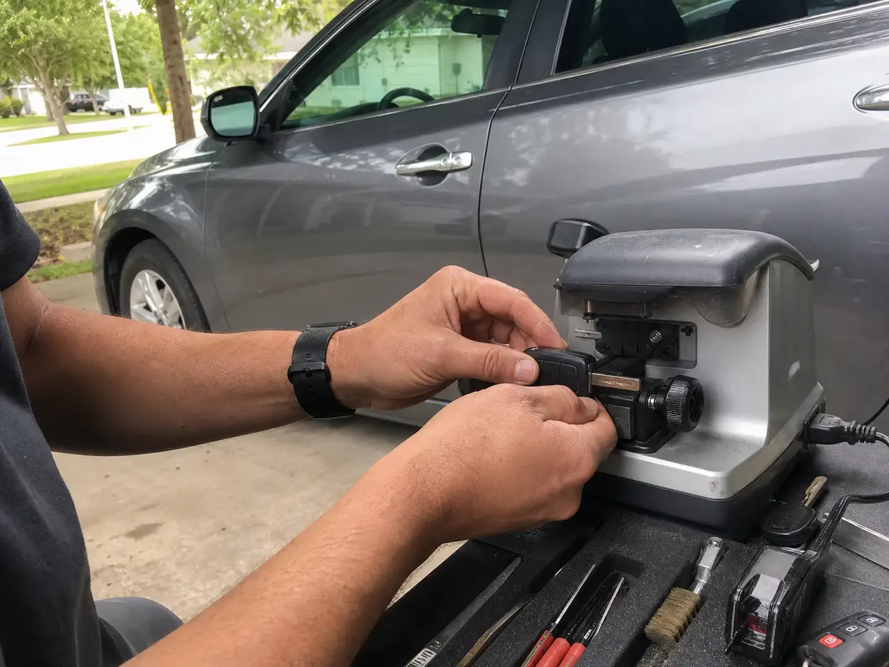 Car key programming service beside a vehicle in Cypress, Texas